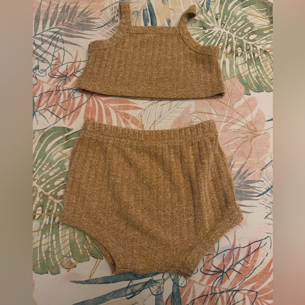 Tan Knit Two-Piece baby girl crop top with bloomer diaper cover outfit